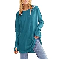 Long Sleeve Tops for Women Beach Plus Size Top for Women Autumn Fashion Long Sleeve Round Neck Fit Plain Stretch Tshirt for Womens Blue Womens Shirts Dressy Casual Womens Blouses X-Large