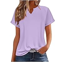 Womens Summer Plain Tops Notched V Neck Short Sleeve Shirts Solid Color Work Blouses Casual Loose Fit Basic T Shirts