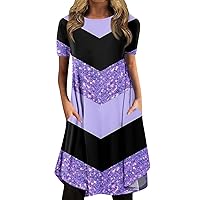Deals of The Day Clearance Prime, Bodycon Mini Dresses for Women, Womens Casual, Beach Summer, Dress Sweet Crew Neck Striped Printed with Pocket Short Sleevele Ruffle (3XL, Purple)