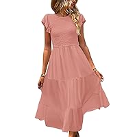 YESNO Women Summer Dresses Ruffle Cap Sleeve Casual Dress Boho Smocked Bodice Maxi Dress with Pockets E05