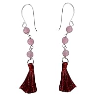 Silvesto India Wire Wrapped Rose Quartz, 92.5 Sterling Silver Earring, Jaipur Rajasthan India Fish Hook-Tassel-Handmade Jewelry Manufacturer Sz 6.2 cm