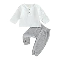 Toddler Baby Boy Girl Cotton Linen Clothes Solid Long Sleeve T-Shirt Tops Drawstring Pants Set 2Pcs Fall Outfit