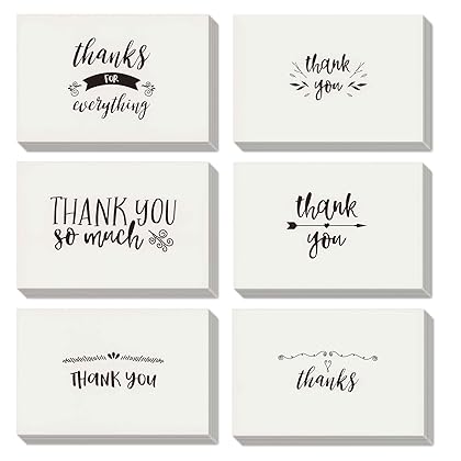 48-Pack Black and White Thank You Cards with Kraft Paper Envelopes for Graduation, Wedding, Birthday, Baby Shower, Blank Inside, Assorted Simple Vintage-Style Designs (4x6 In)