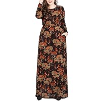 HUA SHANG Women Long Sleeve Floral Print Plus Size Long Maxi Dress with Pockets