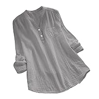Cotton Linen Shirts for Women Buttons Up V Neck Long Sleeve Tops Trendy Dressy Blouses Casual Loose Comfy Tunics
