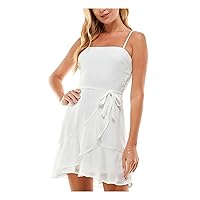 Womens White Zippered Tie Hemline Flounce Sheer Lined Spaghetti Strap Square Neck Short Party Faux Wrap Dress Juniors 9
