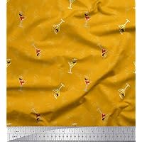 Soimoi Polyester Crepe Gold Fabric - by The Yard - 42 Inch Wide - Glass, Straw & Drinks Summer Style - Chic and Cool Prints for Summer-Themed Creations Printed Fabric