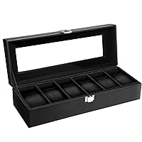 Uten Watch Box, 6 Slots Leather Watch Case, Watch Organizer Jewelry Storage with Large Glass Lid, Black Lining, Watch Display Box for Men & Women Gift