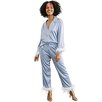 Belle's Design Women's Feather Trim Silk Satin Pajama Button Down Long Sleeve and Pants Set Sleepwear Loungewear S To XXL