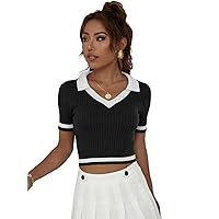 Verdusa Women's Polo Collar Colorblock Short Sleeve Ribbed Crop Knit Top School Shirt