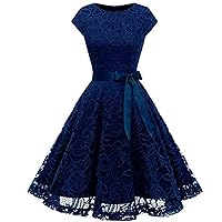 Women's 1950s Vintage Dresses Boatneck Cap Sleeve Floral Lace Cocktail Dress Bow Knot Swing Tea Party Dress with Belt