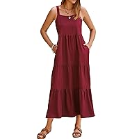SimpleFun Womens Summer Dresses Sleeveless Adjustable Straps Tiered Maxi Dress with Pockets Casual Beach Long Sundresses