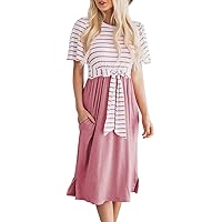 MEROKEETY Women's 2024 Summer Striped Ruffle Sleeves Tie Waist Pockets Casual Swing Midi Dress