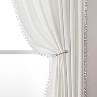White Velvet Curtains for Living Room - Pom Pom Tasseled Room Darkening Drapes 84 Inch Length Light Blocking Soft Luxury Grommet Privacy Window Curtain Panels for Bedroom, 42x84,White