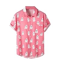 Cute Ghost Print Men's Hawaiian Shirts Casual Baggy Lapel Button Shirt Holiday Party Festival Outfit for Summer