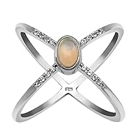 925 Sterling Silver Oval Cab Opal And Natural Zircon Cross Band Ring