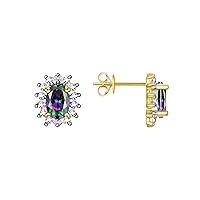 925 6X4MM - Yellow Gold Plated Silver Halo Stud Earrings - Alexandrite & Sparkling Diamonds - June Birthstone - Elegant Jewelry for Women & Girls by Rylos