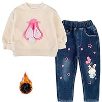 Peacolate Spring Autumn Winter Little Girls 2pcs Clothing Sets Long Sleeve Bunny White Fleece-Lined T-Shirt and Butterfly Embroidery Jeans(White,2Years)