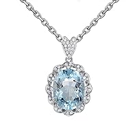 3ct Natural Oval Cut Aquamarine Diamond Halo 14k White Gold Pendant 925 Sterling Silver Necklace Women