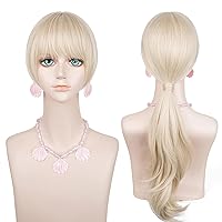 Long Blonde Wig Light Blonde Ponytail Wig with Bangs for Women, Halloween Costume Synthetic Heat Resistant Wave Cosplay Wig with Necklace, Bracelets, Earrings, Wig Cap