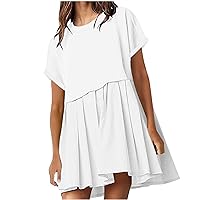 Women's Short Sleeve Tshirt Dress Patchwork Crewneck Pleated Mini Dresses Solid Casual Oversized Tunic Short Dress