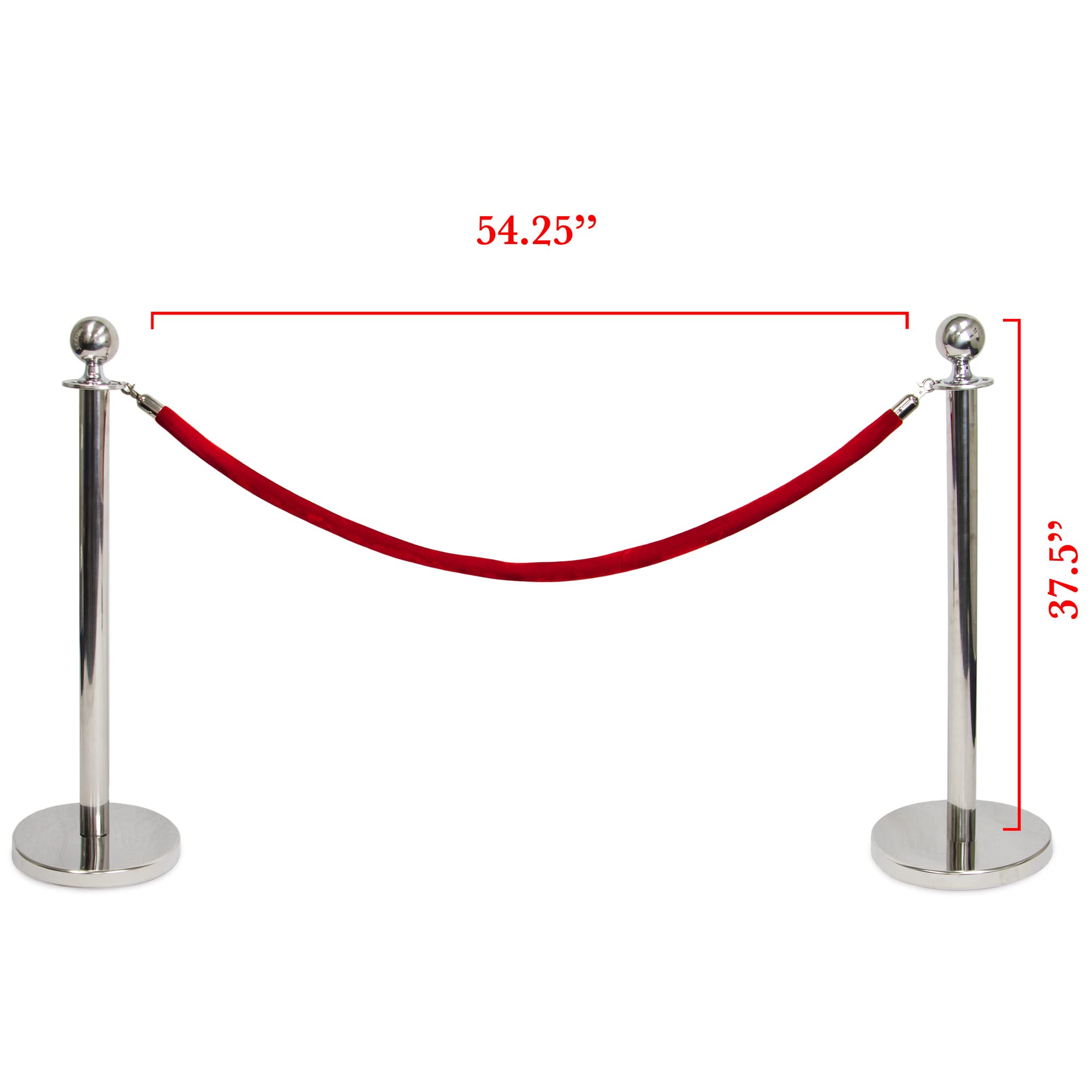 3-ft. Polished Ball Top Stanchions with 4.5 ft Red Velvet Rope | Heavy Duty |Easy to Assemble | Perfect for Events & Parties | Silver Pack of 1 Set
