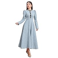 TLULY Dress for Women Plaid Print Puff Sleeve Dress (Color : Baby Blue, Size : Small)