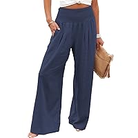 Women's Linen Wide Leg Pants Elastic High Waisted Palazzo Pants Lounge Yoga Trousers with Pockets