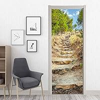 3D Door Sticker Wall Decals Mural Green planting mountain road stone steps Waterproof self-Adhesive Vinyl Door Decal for Living Room Bedrooms Kids Baby Children Removable Wallpaper Art Home Dec