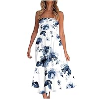 Women's 2023 Summer Casual Dress Bohemian Floral Printed Strapless Hawaii Beach Party Flowing Long Maxi Dress