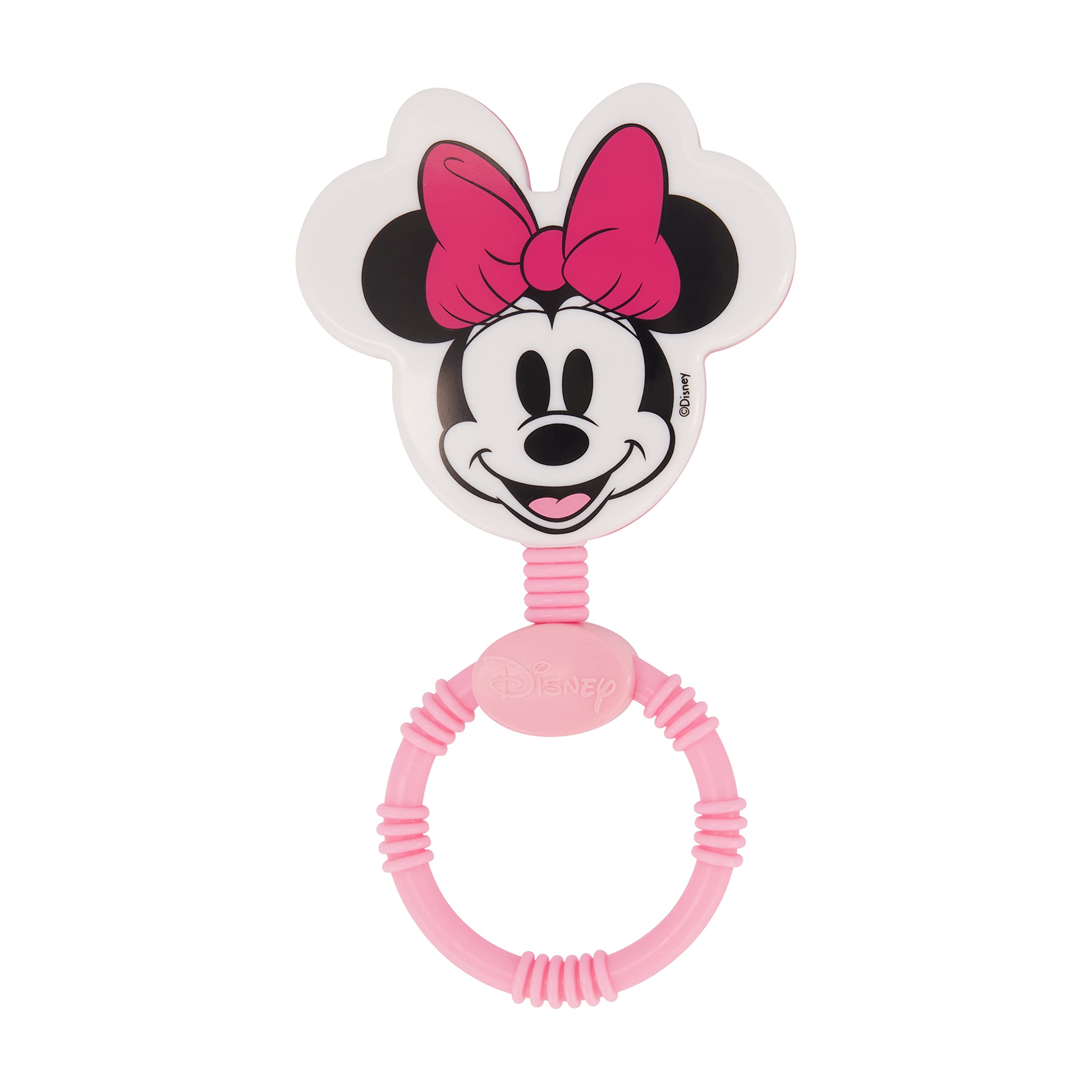 2 Pack Disney Minnie Mouse Character Shape Rattle and Keyring Teether, Premium Toddler Birthday Toys, Infant Teething Toys, Great for Newborn Shower Gifts