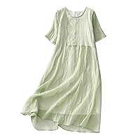 Women Cotton Linen Embroidery Pleated A-Line Dress Summer Short Sleeve Crewneck Keyhole Back Flowy Dress with Lined