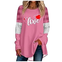 Hello Valentines Shirt, Women's Casual Plus Size Long Sleeved Round Neck Stitching T-Shirt Top Plus Size