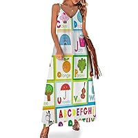 ABC Alphabet Educational Maxi Dress Summer V Neck Spaghetti Strap Dresses Sundress for Women