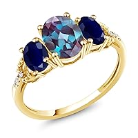 Gem Stone King 2.54 Ct Oval Purplish Created Alexandrite Blue Sapphire 10K Yellow Gold Ring (Size 5.5)