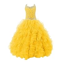 Girls' Crystal Body Straps Layered Ball Gown Ruffles Pageant Dresses