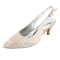 Womens Lace Wedding Sandals Pointed Toe Wedding Dress Party Slingback Kitten Heel Pumps Champagne US 6