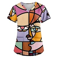 Women's Abstract Oil Painting Nursing Shirts Gradient Paint V-Neck Scrub Tops with Two Pockets