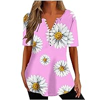 Cute Daisy Graphic Tees for Women Casual Summer Tops for Women Trendy Sunflower Print Tunic Blouses V Neck Basic Tshirts