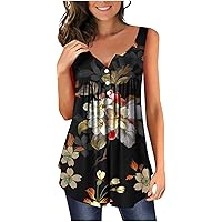 Women Rose Flower Sleeveless Button Flowy Tunic T-Shirts Summer Hide Belly Fashion Casual Loose Henley Tank Tops