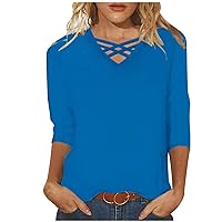 Women's 3/4 Sleeve Shirts Criss Cross V Neck Loose Fitting Tops Casual Solid Tshirts Basic Tunic Summer Ladies Tops