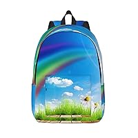 Rainbow Green Grass Printed Canvas Backpack Laptop Backpack Large Capacity Bag for Travel Office