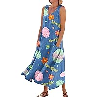 Sleeveless Cotton Linen Summer Maxi Dress Women 2024 Sleeveless Loose Shirt Flowy Beach Boho Long Floral Dress