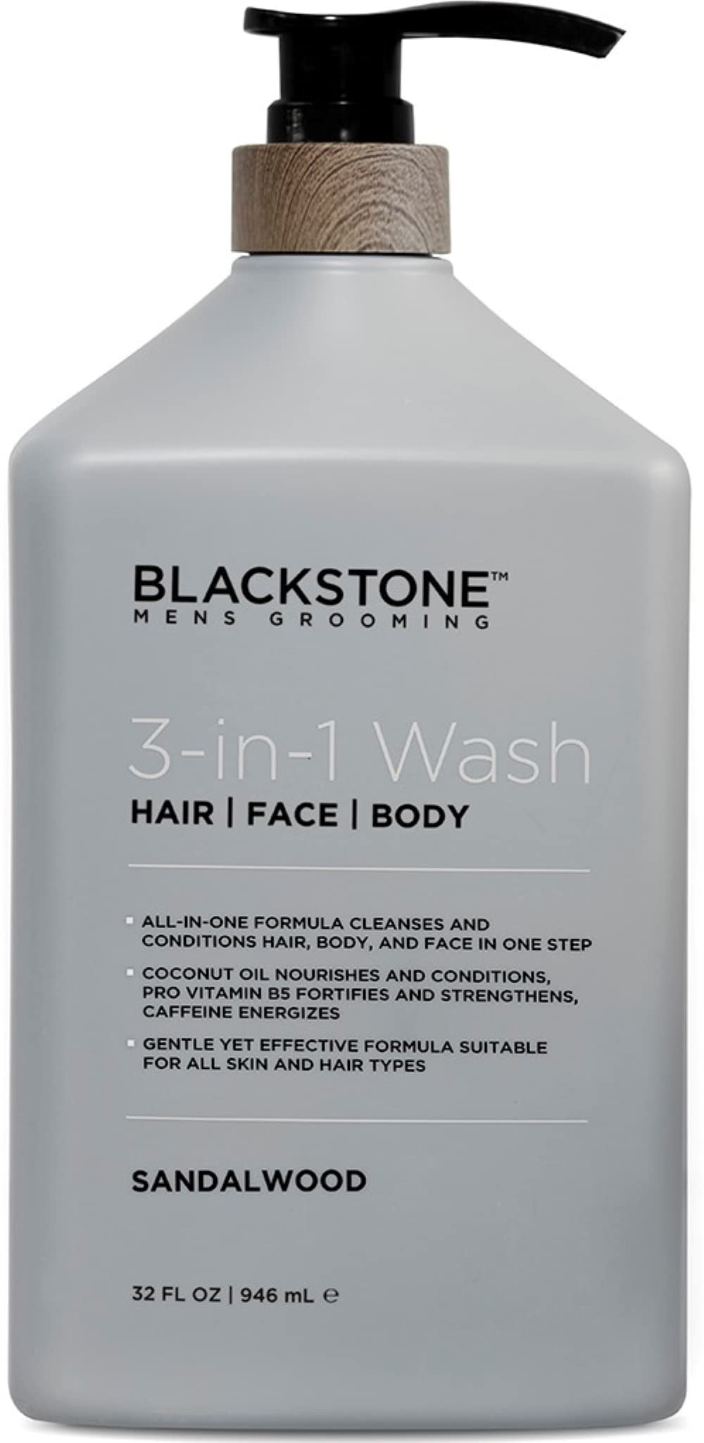 Blackstone 3-in-1 Wash for Men - Cleanses & Conditions Hair, Body, & Face | Mens Body Wash For All Skin & Hair Types | With Coconut Oil & Vitamin B5 - Sandalwood, 35 fl oz