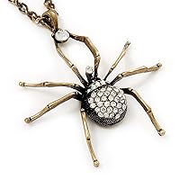 Shimmering Diamante Spider Pendant Necklace In Antique Gold Tone Metal - 60cm Length
