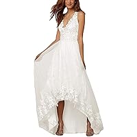 Women's High Low Country Wedding Dress for Bride V Neck Lace Bridal Gowns