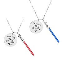 2Pcs Sta War Necklace, May the Force Be with You Lightsaber Pendant Necklaces Jewelry, Mandaloria Stainless Steel Charm Gifts for Movies Fans