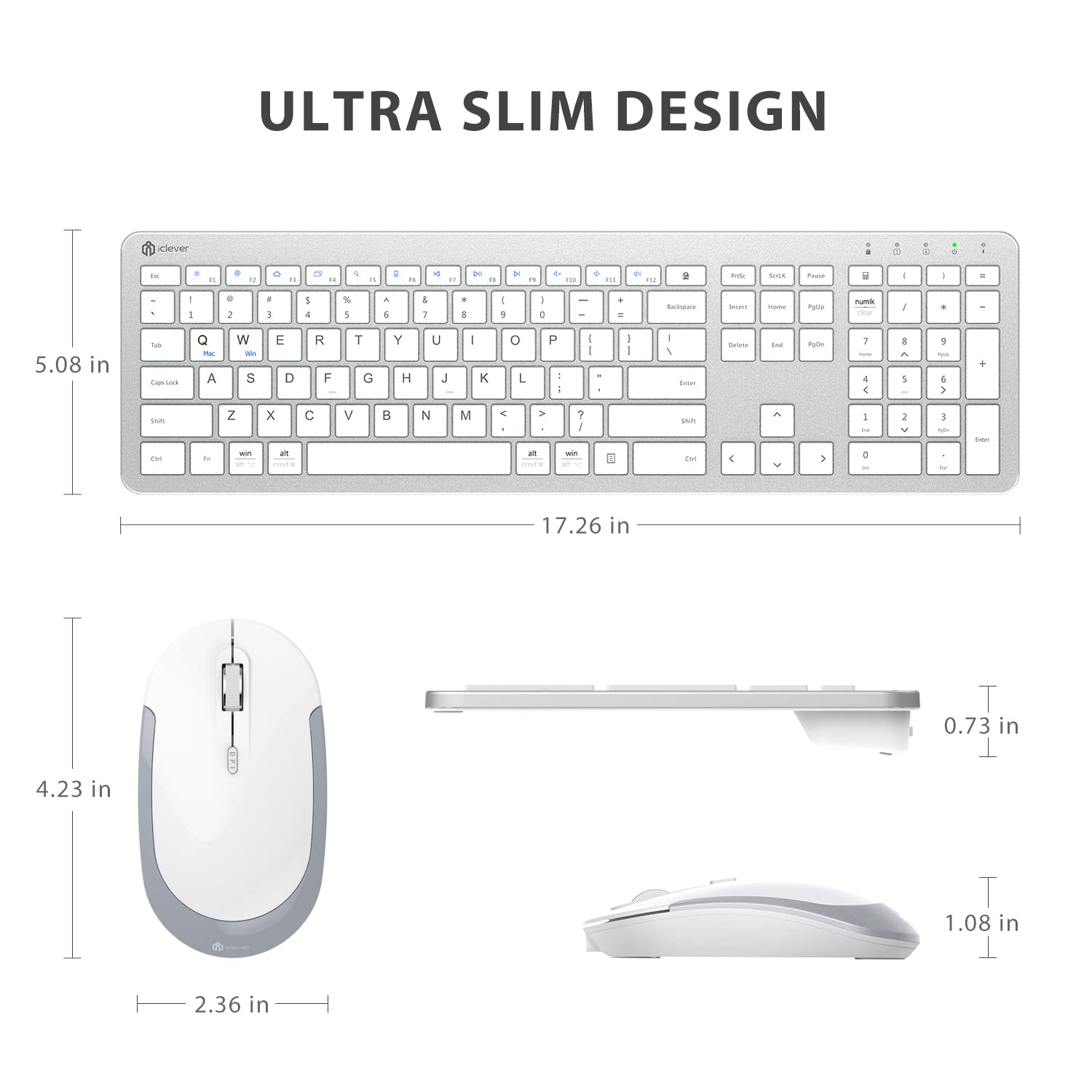 iClever GK08 Wireless Keyboard and Mouse - Rechargeable, Ergonomic, Quiet, Full Size Design with Number Pad, 2.4G Stable Connection Slim Mac Keyboard and Mouse for Windows Mac OS Computer