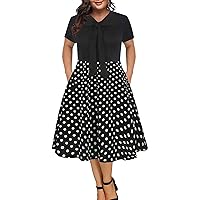 BEDOAR Women's Plus Size Dress Vintage Bow Tie Neck Casual Business Work Knee Length A-line Dresses with Pockets
