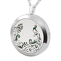 Aromatherapy Essential Oil Diffuser Necklace - Stainless Steel Locket Peacock Pendant with 24